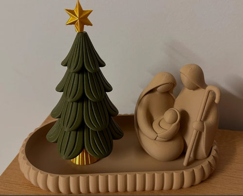 Minimalist Holy Family nativity scene with Christmas tree and gold star on a fluted tray, made in Australia