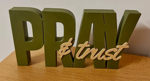 Pray & Trust Christian prayer shelf sign in olive green with cream script